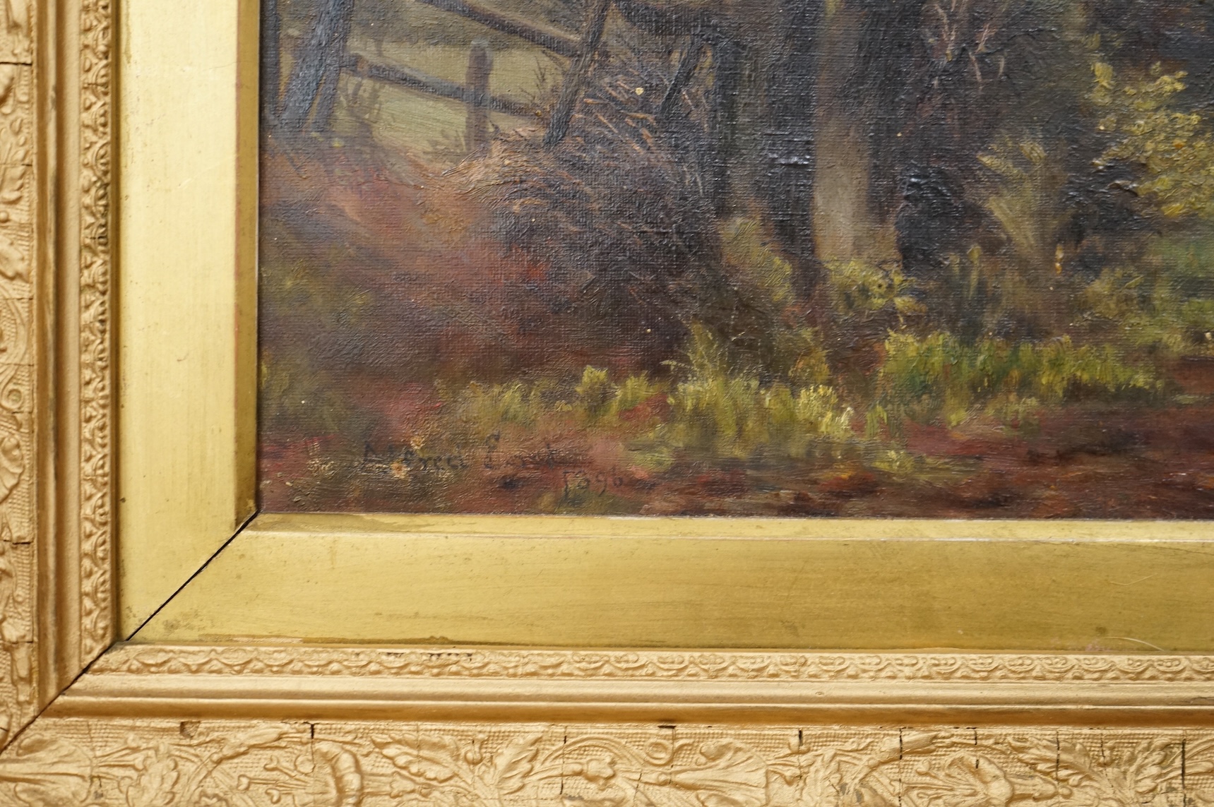 Sir Alfred East (1844-1913), figure on a pathway, signed and dated 1896, oil on canvas, gilt framed, 32 x 42cm